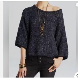 Free People Tweed Boucle Knit Pullover in Navy